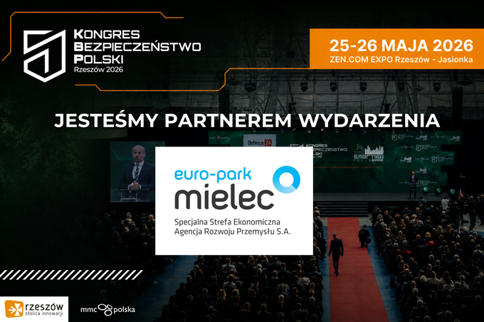 Grafika informująca, że Specjalna Strefa Ekonomiczna EURO-PARK MIELEC Agencji Rozwoju Przemysłu S.A. jest partnerem Kongresu Bezpieczeństwo Polski 2026 w ZEN.COM Expo Rzeszów–Jasionka, 25–26 maja 2026, na tle sali konferencyjnej pełnej uczestników