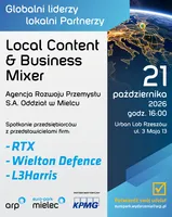 Grafika promująca wydarzenie Local Content & Business Matchmaking organizowane przez SSE Euro-Park Mielec 21 października 2026 r. w Urban Lab Rzeszów, z logotypami partnerów: RTX, Wielton Defence, L3Harris, KPMG.