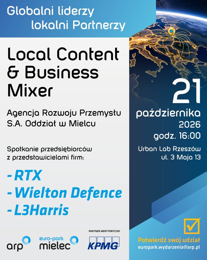 Grafika promująca wydarzenie Local Content & Business Matchmaking organizowane przez SSE Euro-Park Mielec 21 października 2026 r. w Urban Lab Rzeszów, z logotypami partnerów: RTX, Wielton Defence, L3Harris, KPMG.